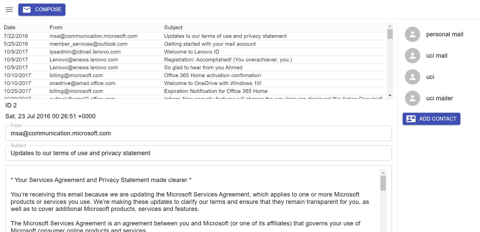 The Ahmed Mail client - an inbox message list with a contacts sidebar and a compose button