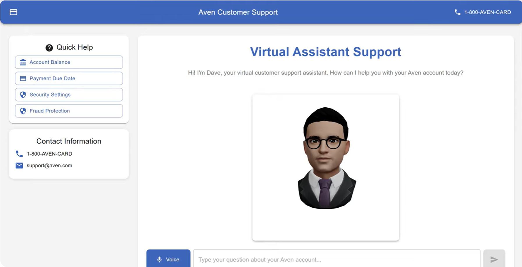 Aven Support - a 3D talking avatar named Dave answers questions over voice or text