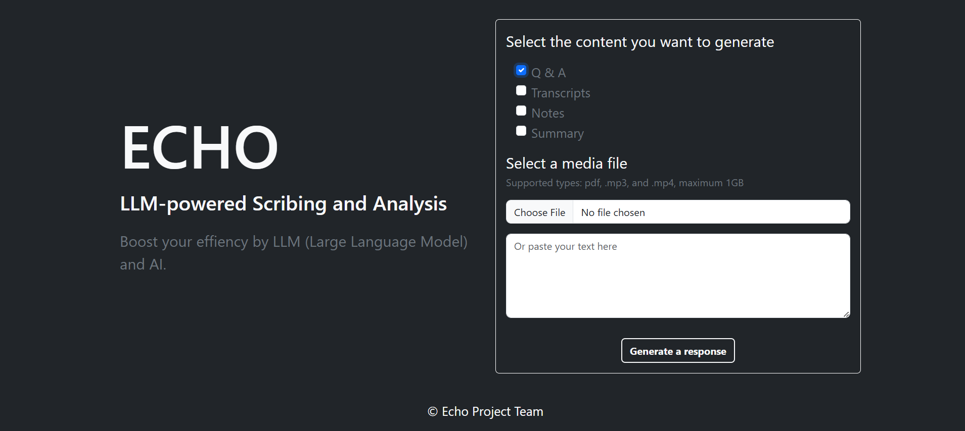 Echo's landing screen - choose what to generate (Q&A, transcripts, notes, summary) and upload a lecture file