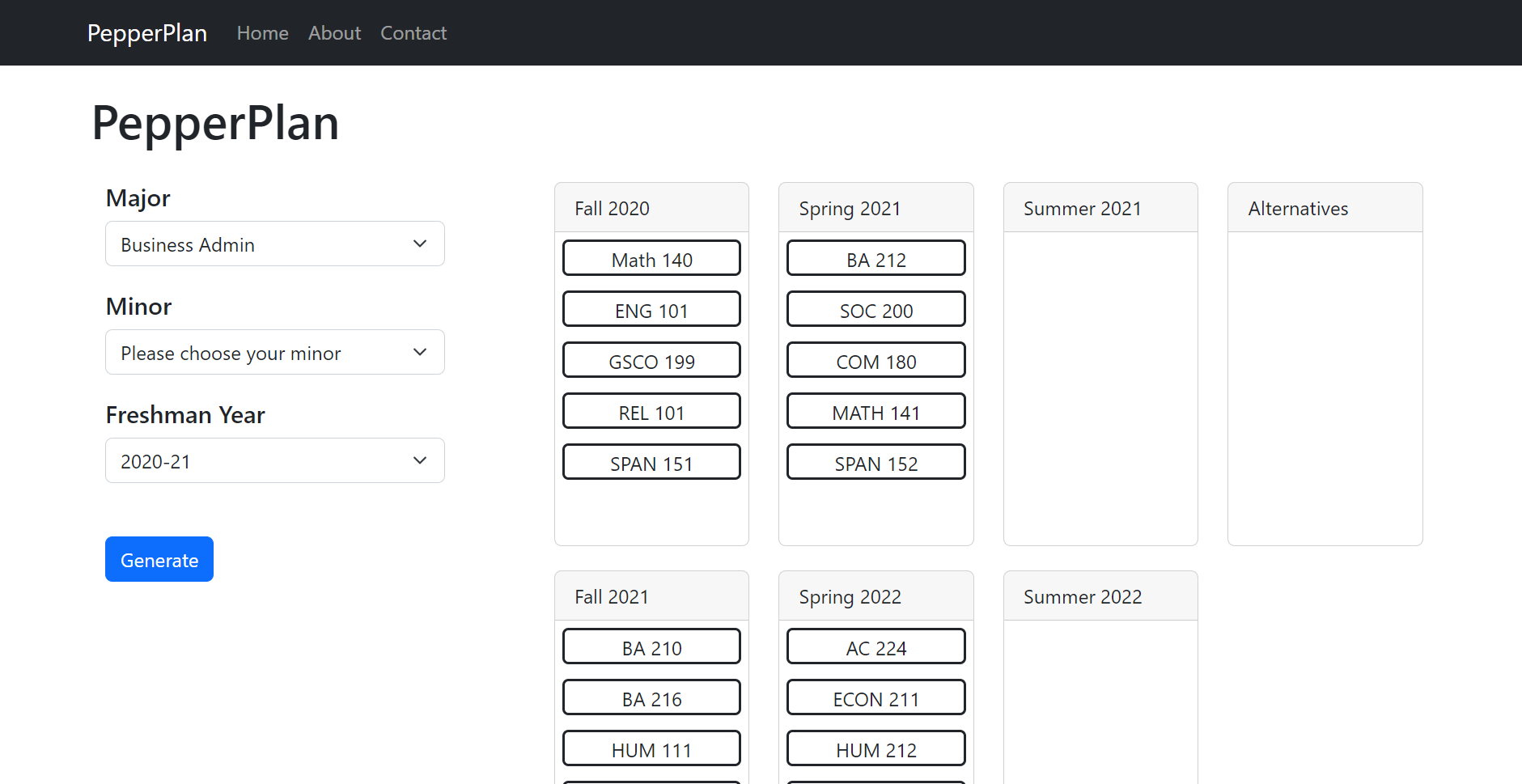 PepperPlan - a generated multi-year degree plan laid out by term after choosing a major and start year