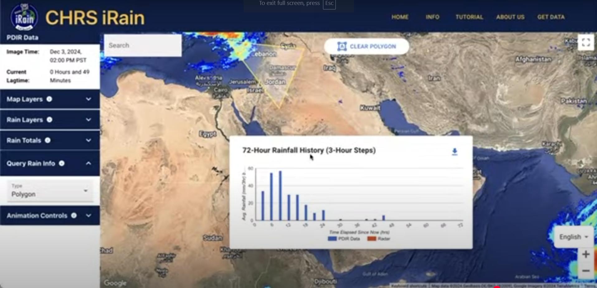 CHRS iRain web app: interactive map over the Middle East with layer controls and a 72-hour rainfall history chart